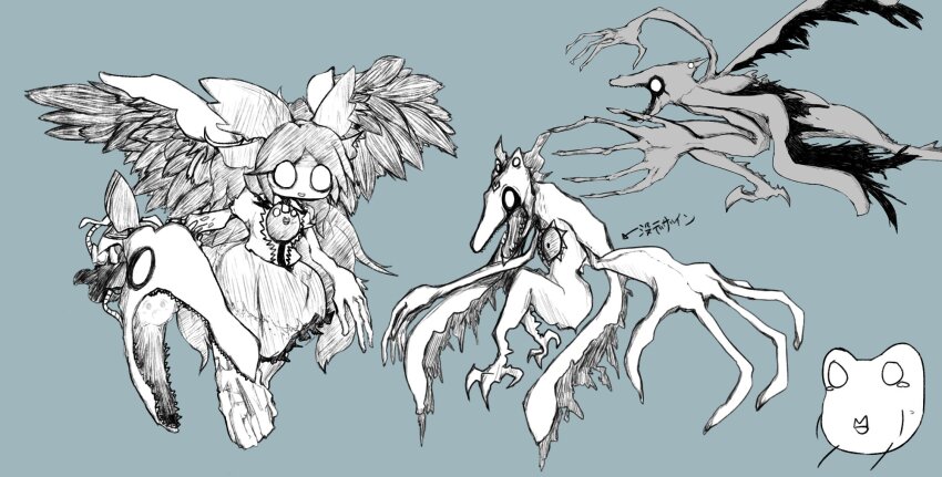 1girl anoponp blue_background bow commentary_request cookie_(touhou) feathered_wings full_body greyscale_with_colored_background hair_bow hide_(acceed) highres japhet long_hair manatsu_no_yo_no_inmu monster nadeko_(cookie) o_o off_(game) offside:_diyusi open_mouth reiuji_utsuho shirt simple_background skirt smile third_eye touhou wings