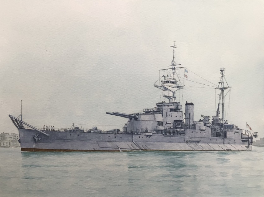 atelier_bono cannon cloud cloudy_sky commentary_request flag highres hms_abercrombie mast military_vehicle no_humans ocean original painting_(medium) port royal_navy scottish_flag ship ship_turret sky smokestack traditional_media union_jack vehicle_focus warship watercolor_(medium) watercraft