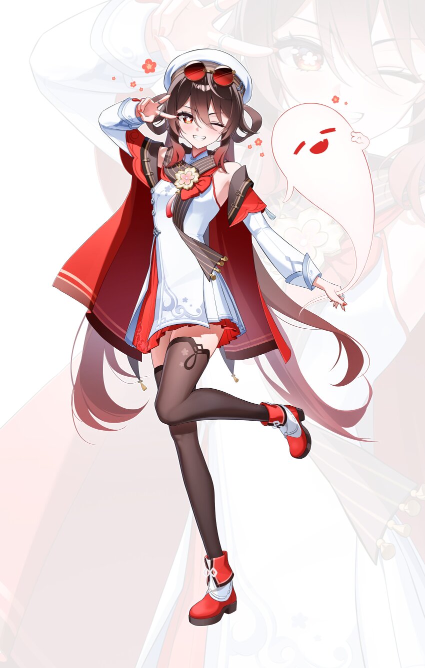 1girl absurdres bare_shoulders black_thighhighs blush boo_tao_(genshin_impact) brown_hair commentary_request detached_sleeves dress fingernails flower-shaped_pupils foot_up full_body genshin_impact gradient_hair grin hair_between_eyes hand_up hat highres hu_tao_(cherries_snow-laden)_(genshin_impact) hu_tao_(genshin_impact) long_hair looking_at_viewer multicolored_hair nail_polish official_alternate_costume red_eyes red_hair red_nails red_shoes shoes sleeveless sleeveless_dress smile standing standing_on_one_leg symbol-shaped_pupils teeth thighhighs tiokun7 twintails v v_over_eye very_long_hair white_dress white_hat white_sleeves zettai_ryouiki zoom_layer