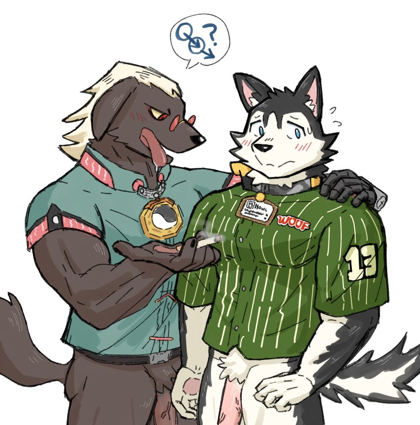 2boys a-shuo_(zenless_zone_zero) absurdres animal_ears bara black_fur blue_shirt blush brown_fur cigarette closed_mouth commentary_request dog_boy dog_ears dog_nose dog_tail flaccid floppy_ears flying_sweatdrops furry furry_male green_shirt hayahaya50 highres howl_(zenless_zone_zero) looking_at_another looking_to_the_side male_focus mars_symbol multicolored_fur multiple_boys muscular muscular_male no_pants open_mouth pawpads penis round_eyewear saliva shirt smile speech_bubble spoken_mars_symbol tail tongue tongue_out veins veiny_penis white_fur zenless_zone_zero