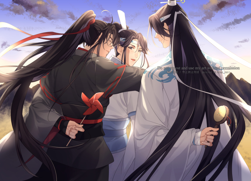 3boys ahoge black_hair black_hanfu blue_sky brown_eyes chinese_clothes cloud cloudy_sky day english_text family from_behind hair_ribbon hanfu headband high_ponytail holding holding_rattle holding_toy hug hug_from_behind lan_sizhui lan_wangji long_hair long_sleeves looking_at_another male_focus modao_zushi mountain multiple_boys open_mouth outdoors ponytail ran_kisaragi rattle red_ribbon ribbon sash sidelocks sky smile standing topknot toy upper_body very_long_hair watermark wei_wuxian white_hanfu white_headband white_ribbon wide_sleeves xiao_guan_(headdress) yaoi