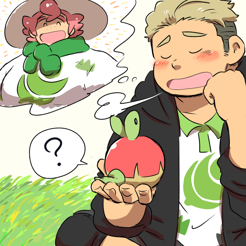 2boys ? applin black_jacket black_pants blonde_hair blush closed_eyes commentary_request gen_8_pokemon gleam grass green_scarf hand_on_own_face hat highres holding holding_pokemon jacket milo_(pokemon) multiple_boys nintendo open_mouth orange_hair original pants pokemon pokemon_(creature) pokemon_swsh puff_of_air saruhiko_(mtmnkmn) scarf shirt sitting smile speech_bubble spoken_question_mark sun_hat thought_bubble white_shirt yaoi