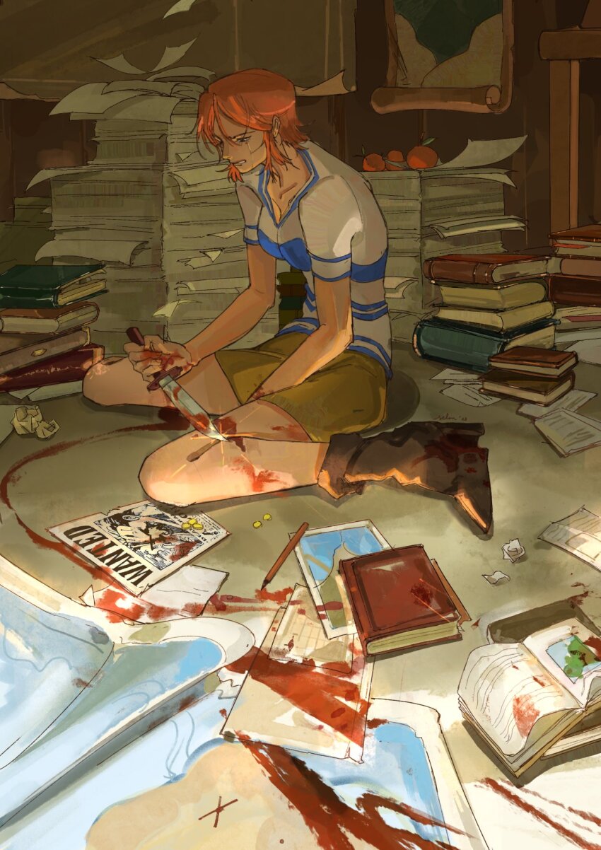 1girl arlong avenoirn between_legs blood blood_on_hands bloody_knife book book_stack brown_eyes brown_shorts collarbone crumpled_paper crying crying_with_eyes_open flying_paper food fruit full_body highres holding holding_knife indoors knife mandarin_orange map_(object) nami_(one_piece) nami_(one_piece)_(east_blue) one_piece orange_hair paper paper_stack shirt short_hair shorts sitting skirt slouching solo striped_clothes striped_shirt sunlight tears v-neck wanted_poster wariza yellow_skirt
