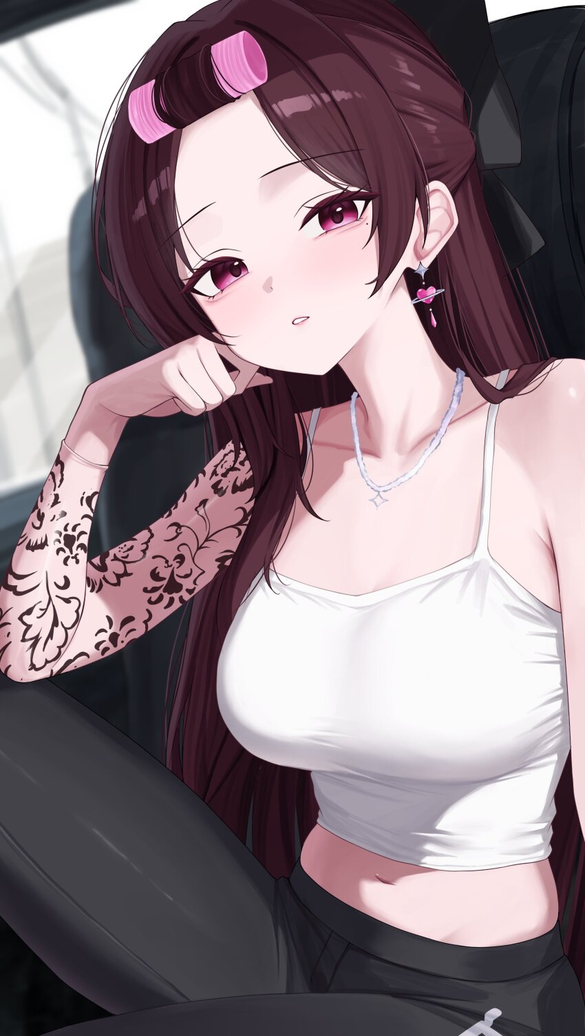 1girl absurdres bangs_pinned_back bare_arms bare_shoulders black_leggings bow breasts camisole collarbone crop_top earrings hair_bow half_updo highres jewelry jururu leggings long_hair looking_at_viewer medium_breasts midriff mole mole_under_eye navel necklace parted_lips purple_eyes purple_hair sei_(0724sei6) shirt shoulder_tattoo sitting sleeveless sleeveless_shirt solo tattoo vehicle_interior virtual_youtuber waktaverse white_shirt