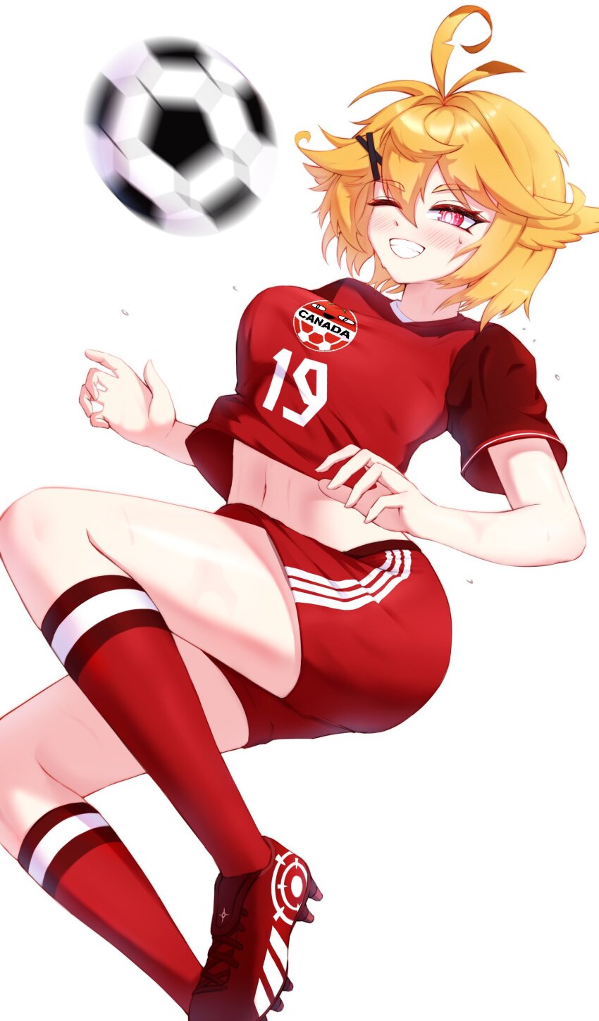 1girl absurdres alternate_costume ball blonde_hair breasts canada cgator cleats dokibird_(vtuber) hair_ornament highres indie_virtual_youtuber kneehighs medium_breasts navel open_mouth red_eyes red_shirt red_shoes red_shorts red_socks shirt shoes short_sleeves shorts simple_background soccer soccer_ball soccer_uniform socks solo sportswear virtual_youtuber white_background x_hair_ornament