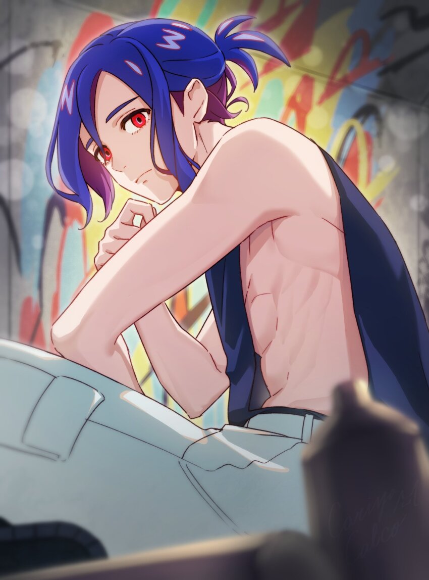 1boy blue_hair cariyacalco colored_inner_hair graffiti gundam gundam_gquuuuuux highres looking_at_viewer lower_eyelashes_only male_focus multicolored_hair pants ponytail purple_hair red_eyes short_hair shuji_ito sitting sleeveless solo spray_paint tank_top toned toned_male two-tone_hair