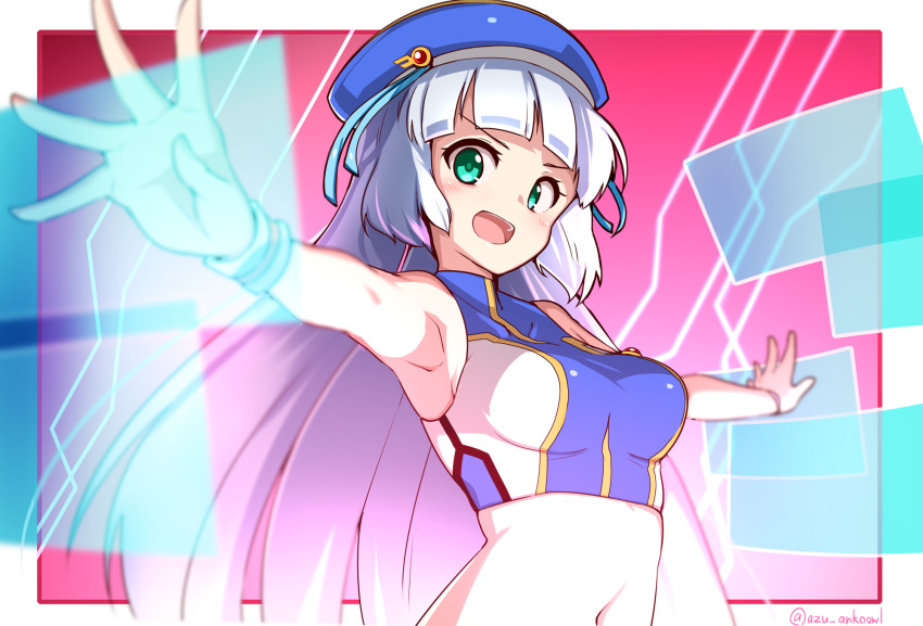 1girl artist_name azu_ankoowl bag beret blue_hat bracelet breasts crop_top green_eyes gundam gundam_exa hat highres holographic_monitor jewelry looking_at_viewer looking_to_the_side medium_breasts midriff navel purple_eyes silver_hair skin_tight smile solo sthesia_awar v-shaped_eyebrows