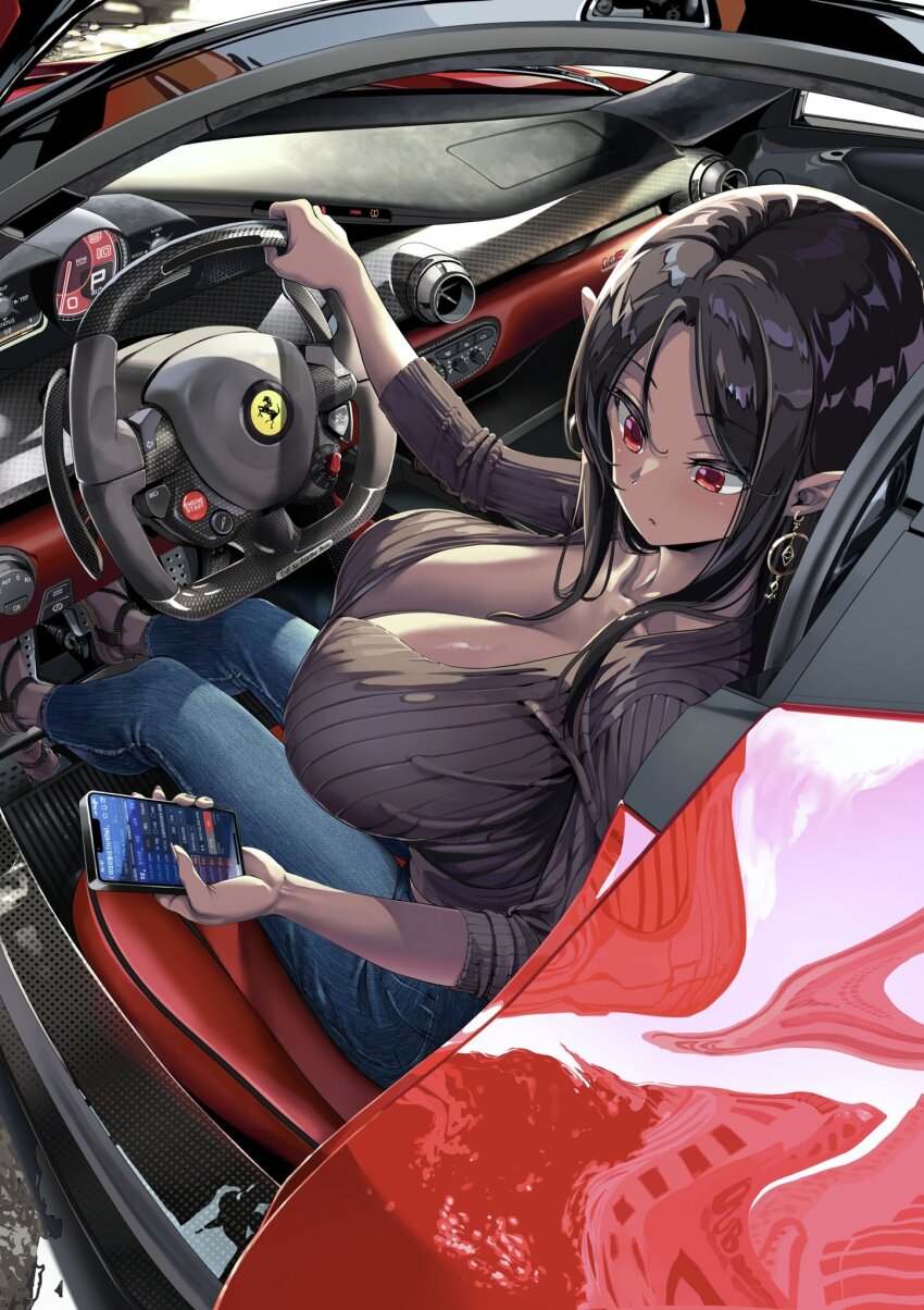1girl black_hair breasts car cat cellphone cleavage dark-skinned_female dark_skin denim elf ferrari highres huge_breasts jeans large_breasts long_hair miyu_(miyu_heuung) motor_vehicle original pants phone pointy_ears red_eyes serious shoes solo sweater vehicle