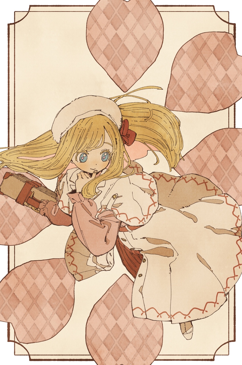 absurdres blonde_hair blue_eyes blush border bow colored_eyelashes commentary_request dot_nose dress finger_to_own_chin floating_hair hand_up hat hat_bow highres holding holding_suitcase index_finger_raised light_smile lily_white long_dress long_hair long_sleeves looking_to_the_side nama_udon ornate_border partial_commentary pink_pupils red_bow straight_hair suitcase touhou white_dress white_hat yellow_background