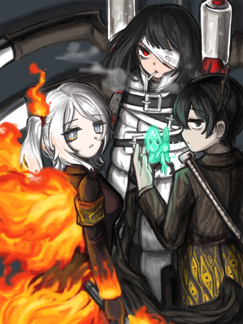 1boy 1girl 2girls ardor_blossom_star_(e.g.o) armband bandage_over_one_eye black_coat black_eyes black_gloves black_hair blue_eyes bob_cut breasts brown_coat coat e.g.o_(project_moon) fairy faust_(project_moon) fiery_clothing fiery_wings fire_hair_ornament gloves grey_background half_updo highres lantern_(e.g.o) lce_(identity)_(project_moon) limbus_company long_sleeves looking_at_viewer multiple_girls nra_3614 oxygen_tank plant_horns project_moon red_eyes ryoshu_(project_moon) short_hair smoking standing straitjacket thoracalgia_(e.g.o) upper_body white_coat white_hair wings yi_sang_(project_moon)