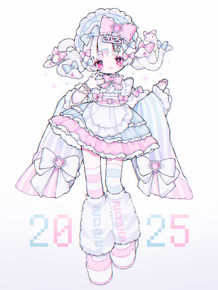 1girl 2025 :3 :q absurdres apron bead_bracelet beads blue_bow blue_kimono blue_thighhighs bow bowtie bracelet chinese_zodiac chromatic_aberration closed_mouth commentary english_commentary frilled_apron frilled_bow frills full_body hair_bow hair_ornament hairclip hands_up highres japanese_clothes jewelry kanji_hair_ornament kimono layered_clothes leg_warmers long_sleeves looking_at_viewer mismatched_thighhighs number_hair_ornament original pink_bow pink_bowtie pink_eyes pink_hair pink_skirt pink_thighhighs pink_trim shoes simple_background skirt smile snake snake_hair solo sparkle striped_clothes striped_sleeves striped_thighhighs thighhighs tongue tongue_out upa_papa_co white_apron white_background white_bow white_hair white_leg_warmers white_snake wide_sleeves year_of_the_snake yume_kawaii zettai_ryouiki