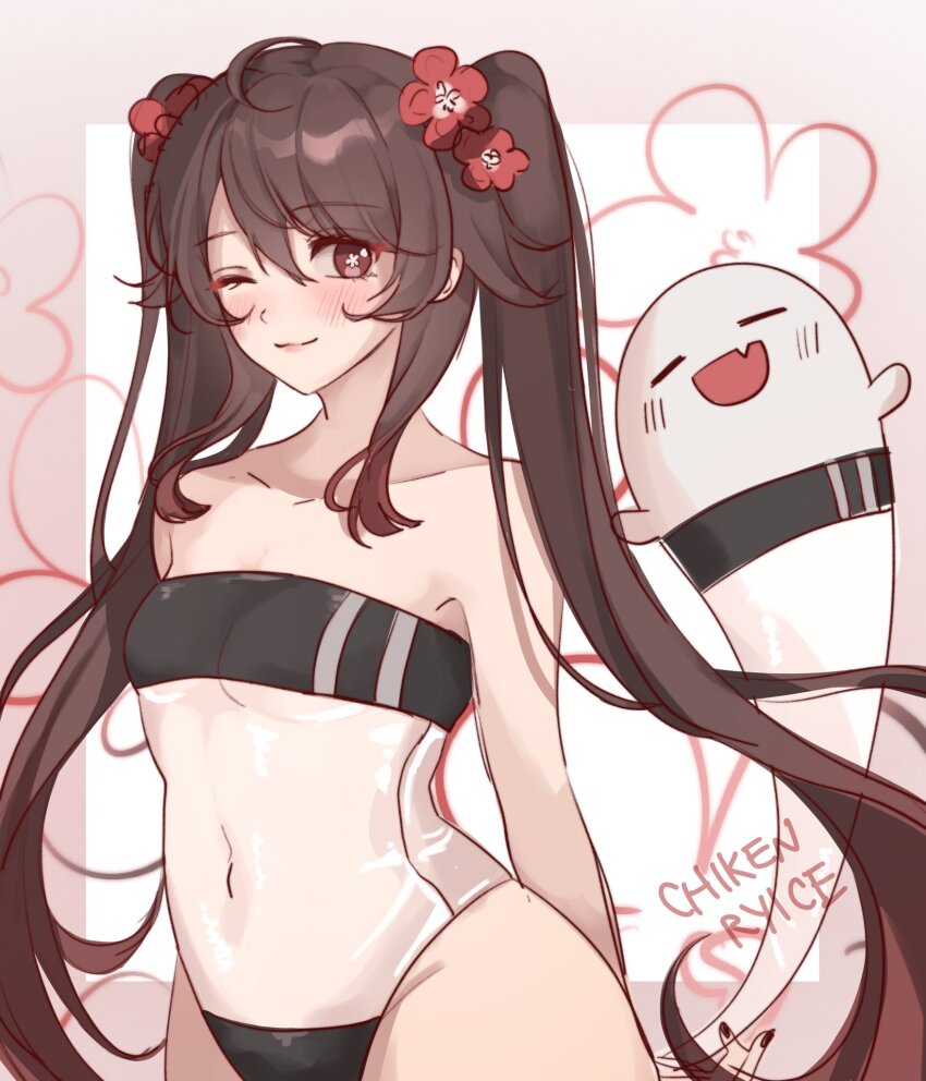 1girl alternate_costume artist_name blush boo_tao_(genshin_impact) breasts brown_eyes brown_hair chikenryice closed_mouth flower flower-shaped_pupils genshin_impact gris_swimsuit hair_between_eyes hair_flower hair_ornament highleg highleg_one-piece_swimsuit highres hu_tao_(genshin_impact) long_hair looking_at_viewer meme_attire navel one-piece_swimsuit see-through_clothes see-through_one-piece_swimsuit see-through_swimsuit small_breasts smile stomach strapless strapless_one-piece_swimsuit swimsuit symbol-shaped_pupils twintails