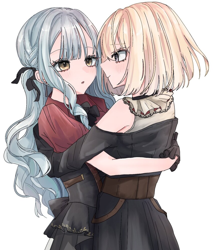 2girls ascot bang_dream! bang_dream!_it&#039;s_mygo!!!!! black_ascot black_dress black_ribbon blonde_hair blue_hair blush closed_mouth clothing_cutout collared_shirt commentary_request doloris_(bang_dream!) dress hair_ribbon highres hug long_hair medium_hair misumi_uika multiple_girls nyako_(2446_ny) oblivionis_(bang_dream!) parted_lips purple_eyes red_shirt ribbon shirt shoulder_cutout simple_background smile togawa_sakiko two_side_up white_background yellow_eyes yuri