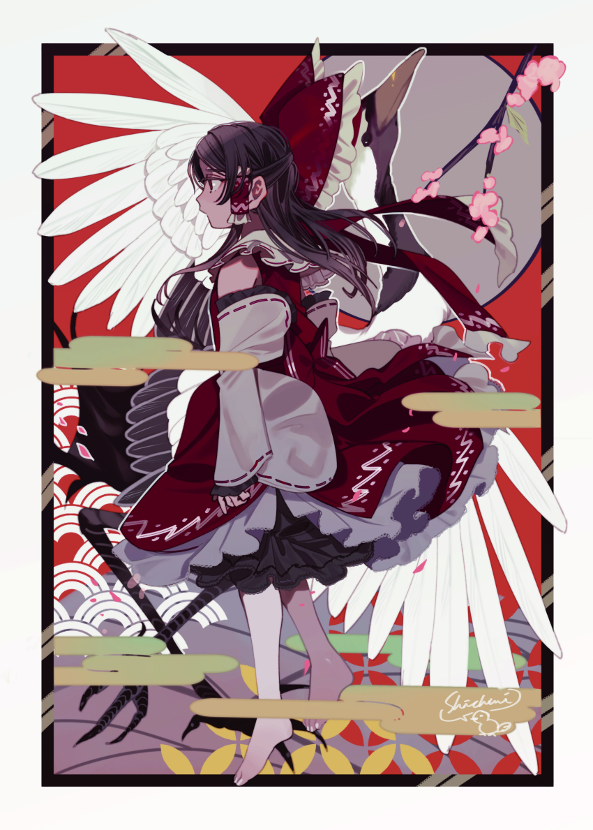 1girl absurdres barefoot bird bow brown_hair commentary_request crane_(animal) detached_sleeves frilled_bow frilled_hair_tubes frills hair_bow hair_tubes hakurei_reimu highres long_hair red_bow red_skirt ribbon-trimmed_sleeves ribbon_trim shi_chimi signature skirt skirt_set solo toes touhou