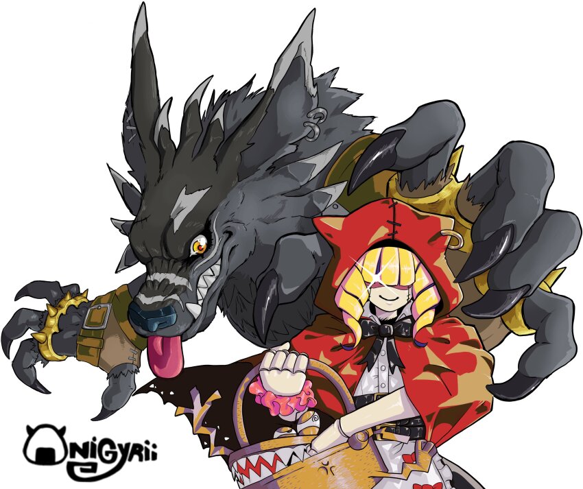 absurdres animate_object artist_logo artist_name basket black_fur black_skirt blonde_hair body_fur brass_knuckles chaperomon digimon digimon_(creature) drill_hair glowing glowing_eye highres holding holding_basket hood hood_up logo medium_hair onigyrii red_hood sharp_teeth shirt simple_background skirt smile stitched_face stitches teeth tongue tongue_out twin_drills weapon weregarurumon_(black) werewolf white_background white_shirt