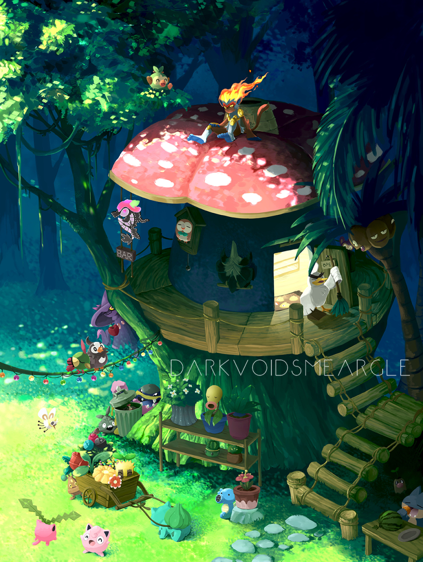 alolan_form alolan_muk artist_name bellsprout bird bonsly broom bulbasaur character_print commentary cutiefly darkvoiddoble day diglett door fence fire food fruit gen_1_pokemon gen_2_pokemon gen_4_pokemon gen_5_pokemon gen_7_pokemon gen_8_pokemon grass grookey highres holding holding_broom hoppip horsea infernape jigglypuff mismagius natu nintendo outdoors plant pokemon pokemon_(creature) potted_plant rowlet sign sirfetch&#039;d sitting stairs standing starly sunkern tree treehouse trubbish watermelon welcome_mat
