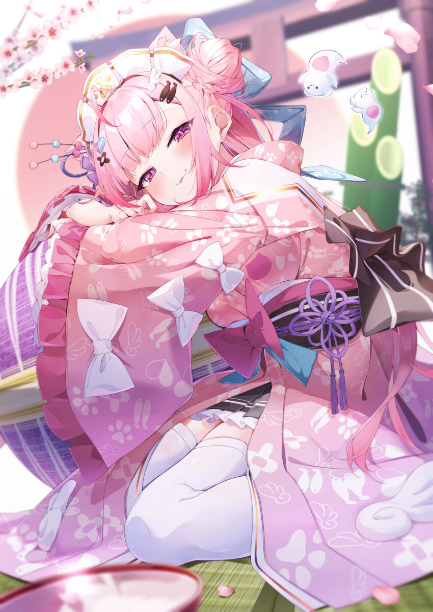 1girl :3 absurdres ahoge animal_ears ball bamboo bandaid bandaid_hair_ornament black_skirt blurry blurry_background blurry_foreground blush bow cat_ears cat_girl cherry_blossoms choko_(cup) commentary_request crossed_bandaids cup falling_petals fish_hair_ornament fof_(fof_0016) ghost_hair_ornament hair_bow hair_bun hair_ornament hairclip heart heart_hair_ornament highres indie_virtual_youtuber japanese_clothes kimono long_hair long_sleeves looking_at_viewer maid_headdress paw_print petals pink_bow pink_eyes pink_hair pink_kimono sitting skirt smile solo temari_ball thighhighs thighs tongue tongue_out torii virtual_youtuber white_bow white_thighhighs wide_sleeves wing_hair_ornament yuuki_sakuna