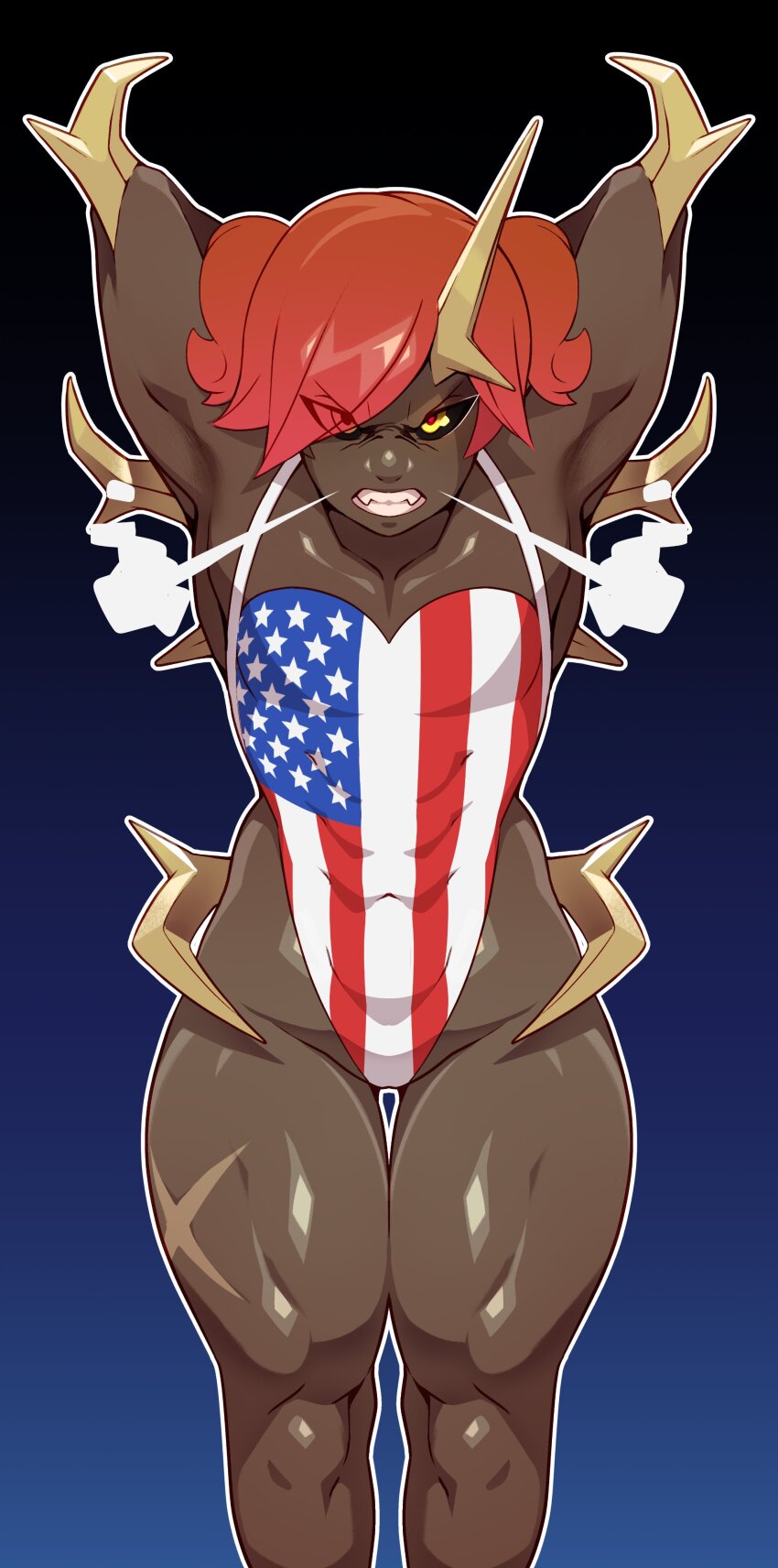 absurdres american_flag american_flag_print angry arms_behind_head black_background black_sclera blue_background clenched_teeth colored_sclera combos_&amp;_doodles covered_abs covered_navel dark-skinned_female dark_skin doom_(series) eyes_visible_through_hair flag_print gradient_background hdoom highres imp_(doom) leotard looking_at_viewer print_leotard red_hair scar scar_on_leg short_hair short_twintails solo spikes teeth toned toned_female twintails very_dark_skin yellow_eyes