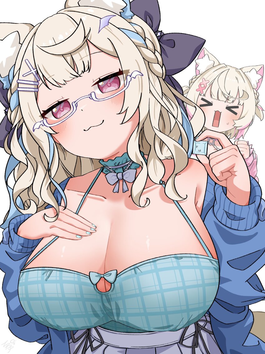 &gt;_&lt; :3 absurdres animal_ear_fluff animal_ears blonde_hair blue_camisole blue_hair blue_jacket blue_shirt breasts camisole cleavage dog_ears dog_girl fuwawa_abyssgard fuwawa_abyssgard_(casual) glasses highres holding hololive hololive_english jacket large_breasts long_hair mococo_abyssgard mococo_abyssgard_(casual) multicolored_hair pink_eyes puchicochi_712 semi-rimless_eyewear shirt siblings simple_background single_bare_shoulder single_off_shoulder sisters smug solo_focus streaked_hair twins two-tone_hair under-rim_eyewear upper_body virtual_youtuber white_background