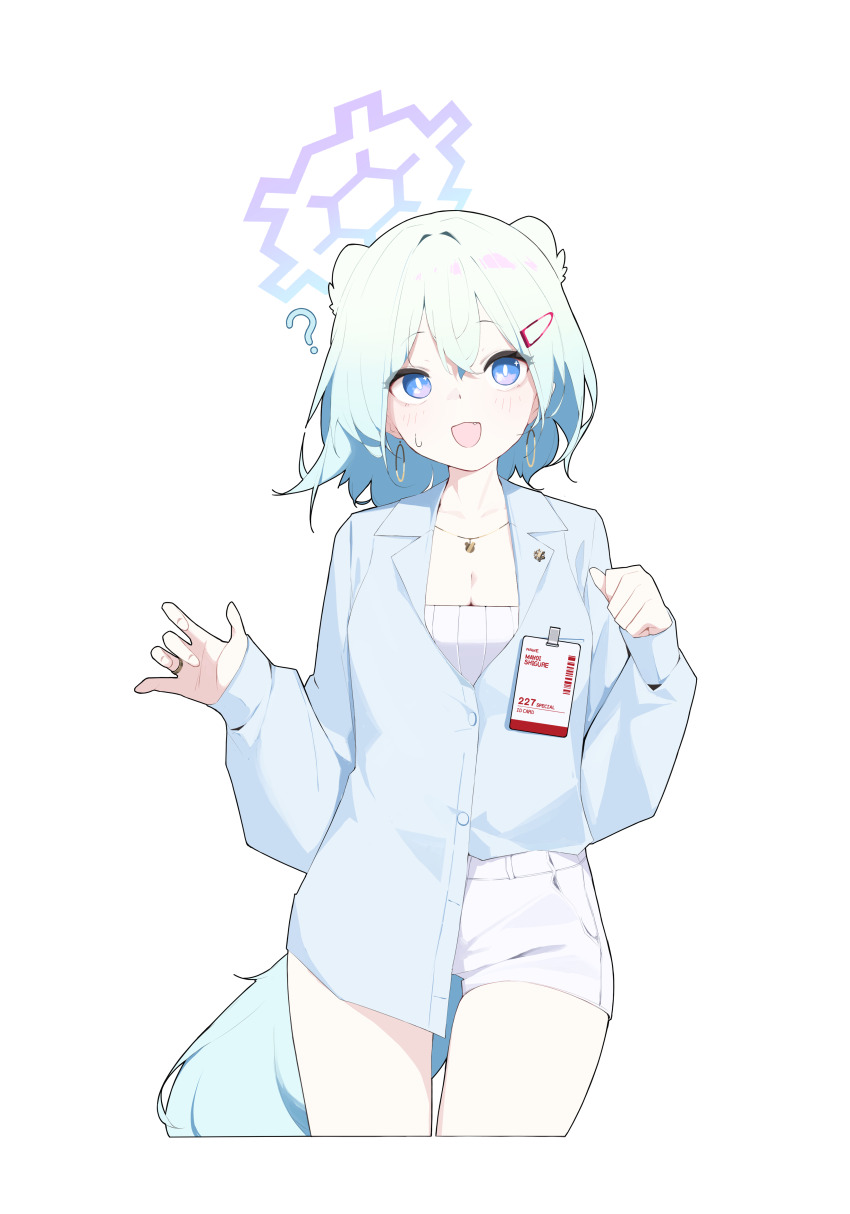 1girl absurdres animal_ears aqua_hair blue_archive blue_eyes blue_halo blue_shirt blush breasts cleavage commentary hair_ornament halo hands_up highres long_sleeves looking_at_viewer medium_breasts mona_kkkk open_mouth puffy_long_sleeves puffy_sleeves shigure_(blue_archive) shirt shirt_partially_tucked_in short_hair shorts simple_background smile solo tail thighs weasel_ears weasel_girl weasel_tail white_background white_shirt white_shorts