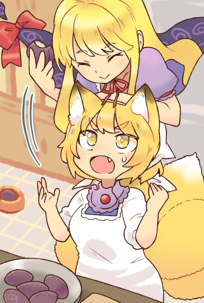 2girls ^_^ adapted_costume aged_down animal_ear_fluff animal_ears arm_on_own_head arm_rest arm_support bands blonde_hair bow cabinet closed_eyes closed_mouth commentary_request cupboard cutting_board dress eating facing_down fang food food_request food_theft fox_ears fox_tail gap_(touhou) hands_up headscarf highres holding holding_food indoors kitchen kitsune long_hair looking_at_another looking_up motion_lines multiple_girls multiple_tails neck_ribbon no_headwear open_mouth pastry plate pmx puffy_short_sleeves puffy_sleeves purple_dress red_bow red_ribbon ribbon short_hair short_sleeves sidelocks smile surprised sweatdrop tail theft tile_floor tiles touhou upper_body v-shaped_eyebrows white_dress white_headscarf white_headwear yakumo_ran yakumo_yukari yellow_eyes