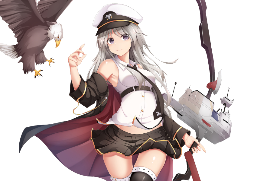 1girl absurdres azur_lane bird black_thighhighs blonde_hair blue_eyes bow bow_(weapon) breasts calligraphy_brush calligraphy_brush_(medium) eagle enterprise_(azur_lane) female_focus gloves graphite_(medium) hair_ornament hat highres kana616 large_breasts long_hair looking_at_viewer miniskirt necktie open_clothes paintbrush peaked_cap shirt simple_background skirt sky sleeveless sleeveless_shirt smile solo thighhighs traditional_media uss_enterprise_(cv-6) very_long_hair weapon white_background