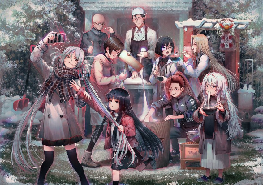 2boys 6+girls bald black_hair blonde_hair bowl cellphone chopsticks coat eating fang feeding food glasses grey_hair hair_rings hammer happy_new_year heterochromia highres holding holding_own_hair ichikawa_natsumi kamikoshi_sorawo kasumi_(urasekai_picnic) kozakura_(urasekai_picnic) migiwa_youichirou mochi multiple_boys multiple_girls new_year nishina_toriko phone ponytail red_hair scarf selfie seto_akari shirakaba shovel smartphone snow stitched_face stitches transparent_hand urasekai_picnic urumi_luna white_hair