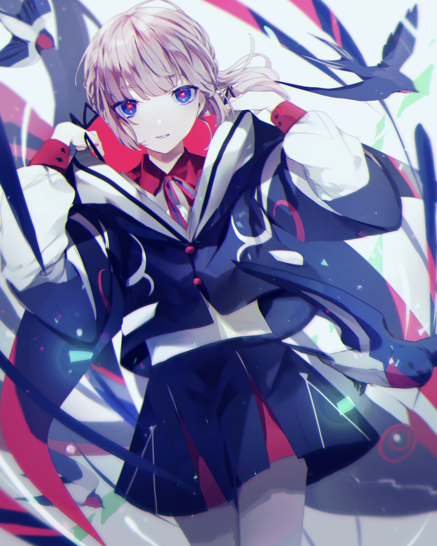 1girl absurdres bird blue_eyes commentary_request highres hood hooded_jacket jacket kaf_(kamitsubaki_studio) kamitsubaki_studio looking_at_viewer parted_lips pink_hair red_pupils ruoruomi skirt smile solo virtual_youtuber