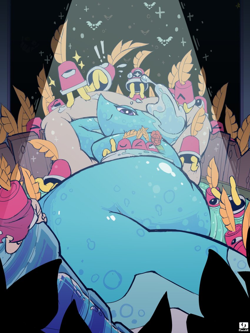 1girl absurdres closed_mouth commentary cuptain_(deltarune) delta_rune_(symbol) deltarune english_commentary flarinthk highres looking_at_viewer lying miss_mizzle monster_girl on_side slime_girl smile spotlight utdr_(toby_fox) water