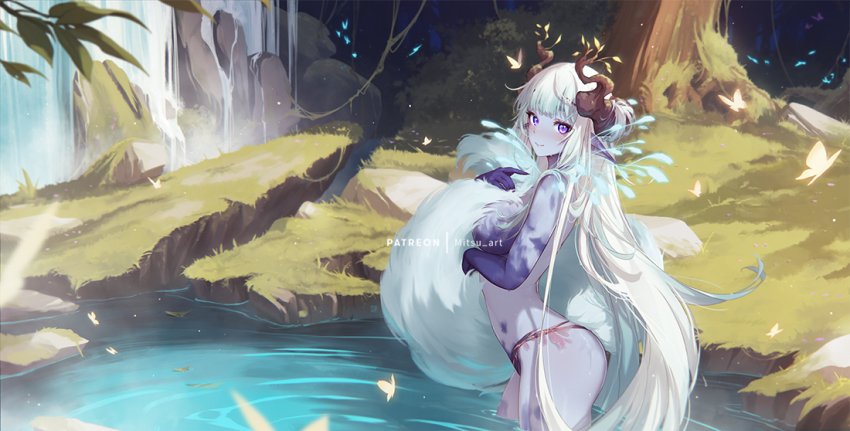1girl breasts bug butterfly closed_mouth colored_extremities colored_skin elf forest from_side grass grey_skin horns insect large_breasts lips long_hair looking_at_viewer mitsu_(mitsu_art) nature original patreon_username pointy_ears purple_eyes rock slit_pupils smile solo tail tree wading water wet white_hair