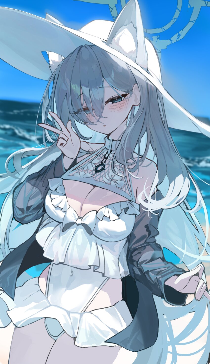 1girl absurdres animal_ear_fluff animal_ears black_jacket blue_archive blue_eyes blush casual_one-piece_swimsuit chain collar frills grey_hair hair_between_eyes hat highres jacket kabedoru long_hair ocean one-piece_swimsuit shiroko_(blue_archive) shiroko_terror_(blue_archive) swimsuit swimsuit_skirt white_hat white_one-piece_swimsuit wolf_ears wolf_girl
