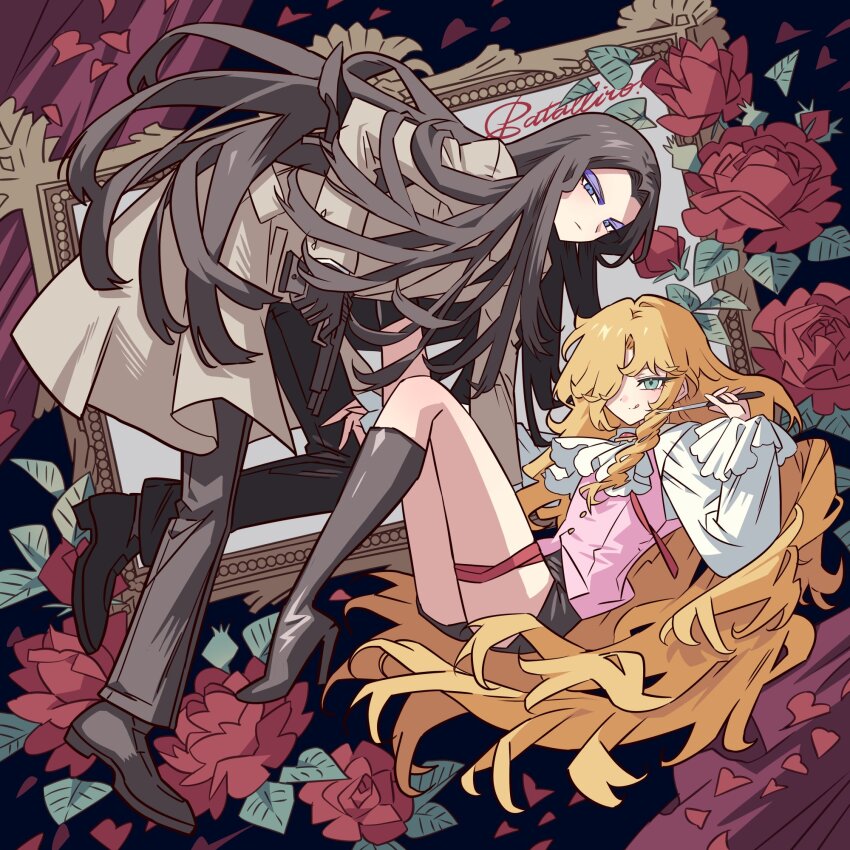 2boys androgynous ascot black_hair black_pants blonde_hair blue_eyes boots brown_coat coat commentary_request copyright_name curtains eyeshadow full_body gun hair_over_one_eye high_heels highres holding holding_gun holding_knife holding_weapon jack_barbarosa_bancoran knee_boots knees_up knife long_hair long_sleeves looking_at_viewer looking_back makeup male_focus maraich_juschenfe meremero multiple_boys pants patalliro! picture_frame shirt shoes sitting smile tongue tongue_out trap very_long_hair vest weapon white_ascot white_shirt