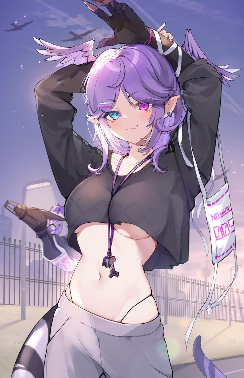 1girl absurdres ahoge arms_up bandaged_arm bandages between_breasts bird black_panties black_sweater blue_eyes braid breasts commentary cropped_sweater dragon_girl dragon_tail dragoon_(selen_tatsuki) dusk earrings ember_(selen_tatsuki) english_commentary fang fence grey_pants hair_ornament hairclip head_wings heterochromia highres jewelry lamppost lanyard large_breasts long_sleeves looking_at_viewer medium_hair muzzle navel nijisanji nijisanji_en oimo_0imo panties pants panty_straps pointy_ears purple_eyes purple_hair purple_wings race_bib selen_tatsuki selen_tatsuki_(1st_costume) skin_fang sky smile stretching sweater sweatpants tail twin_braids underboob underwear virtual_youtuber wings