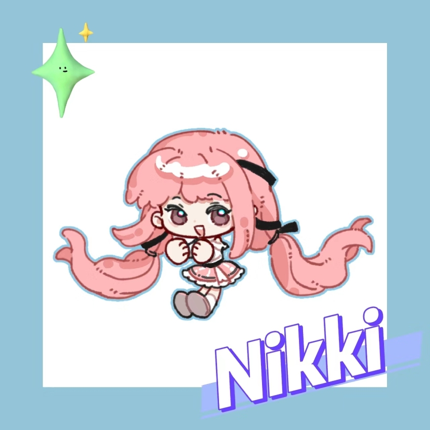 1girl bare_shoulders belt black_belt black_bow black_ribbon blue_border blue_outline border bow bra_strap brown_eyes brown_shoes character_name chibi chinese_commentary commentary_request dot_nose eyelashes floating_hair frilled_shirt frilled_skirt frills hair_bow hair_ribbon hair_tie happy highres infinity_nikki kneehighs layered_skirt light_blush low_twintails miniskirt nikki_(nikki) nikki_(series) off-shoulder_shirt off_shoulder open_mouth outline own_hands_together perfect_start_(infinity_nikki) pink_hair pink_skirt ribbon shirt shoes shuang_yuda_zhanglang skirt smile socks solo sparkle teeth tress_ribbon twintails upper_teeth_only white_background white_shirt white_skirt white_socks