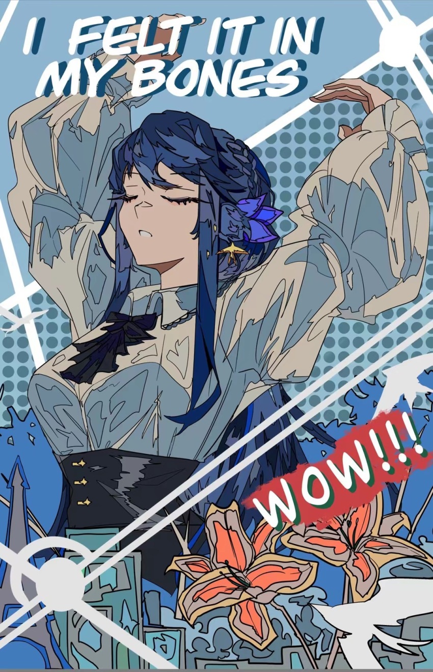 1girl animal_ears arknights arms_up astesia_(arknights) bird_ears closed_eyes collared_shirt commentary_request commission dotted_background earrings english_text flower hair_ornament highres jewelry blue_background long_sleeves open_mouth puffy_sleeves shine shirt simple_background solo standing zheizhouyemeikanfalanxitepai