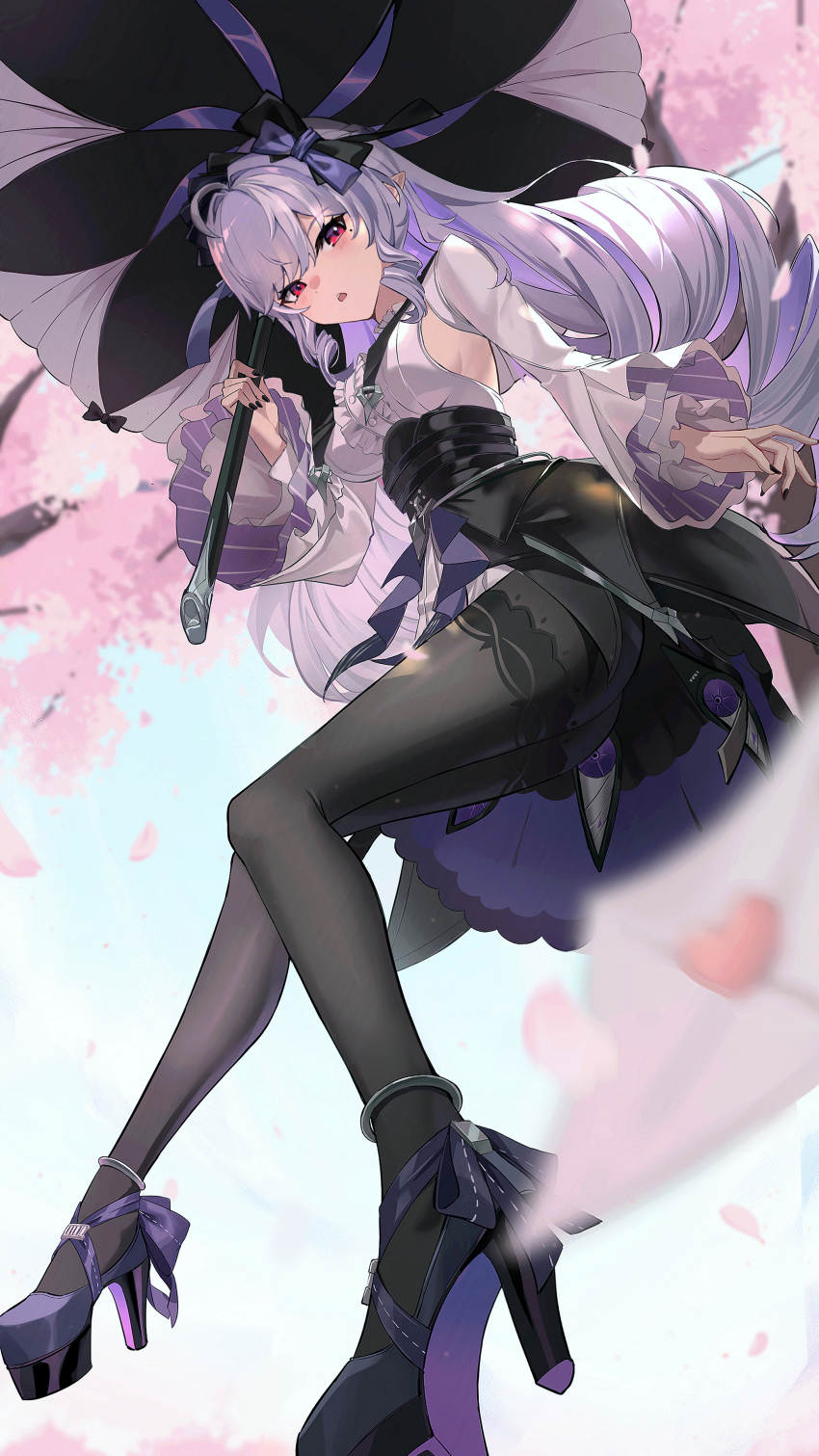 1girl absurdres ass black_nails black_pantyhose black_skirt blurry blurry_foreground breasts center_frills cherry_blossoms commentary dress fingernails frilled_sleeves frills high_heels highres holding holding_umbrella iras17514 large_breasts letter light_blush long_hair long_sleeves looking_at_viewer love_letter mole mole_under_eye multicolored_hair nail_polish open_mouth overskirt pantyhose parasol patterned_legwear pointy_ears purple_hair purple_shoes purple_umbrella red_eyes revision shoes sidelocks skirt solo streaked_hair umbrella very_long_hair vivian_(zenless_zone_zero) white_dress zenless_zone_zero