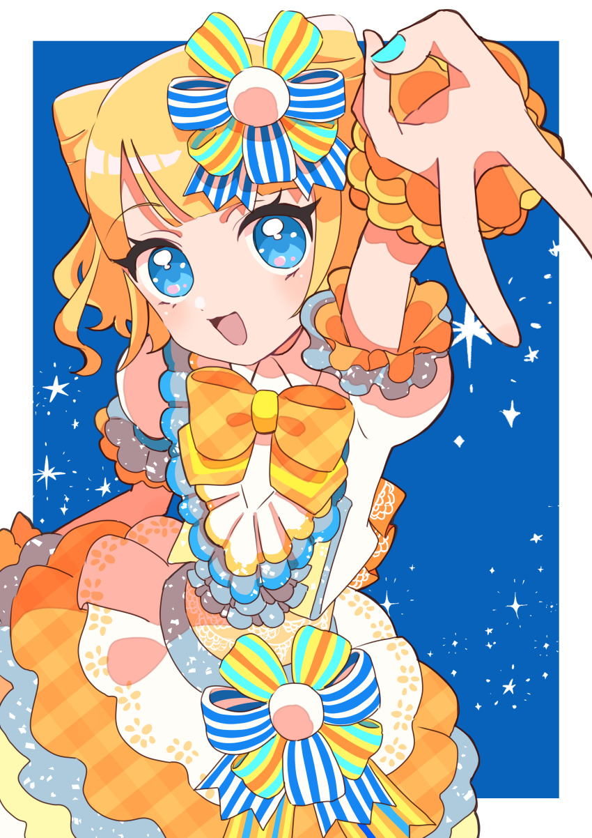 1girl :d absurdres blonde_hair blue_eyes blunt_bangs bow cone_hair_bun double_bun frills hair_bun highres idol_clothes looking_at_viewer madori_(1ldkplanet) minami_mirei nail_polish open_mouth pretty_series pripara short_hair smile solo v