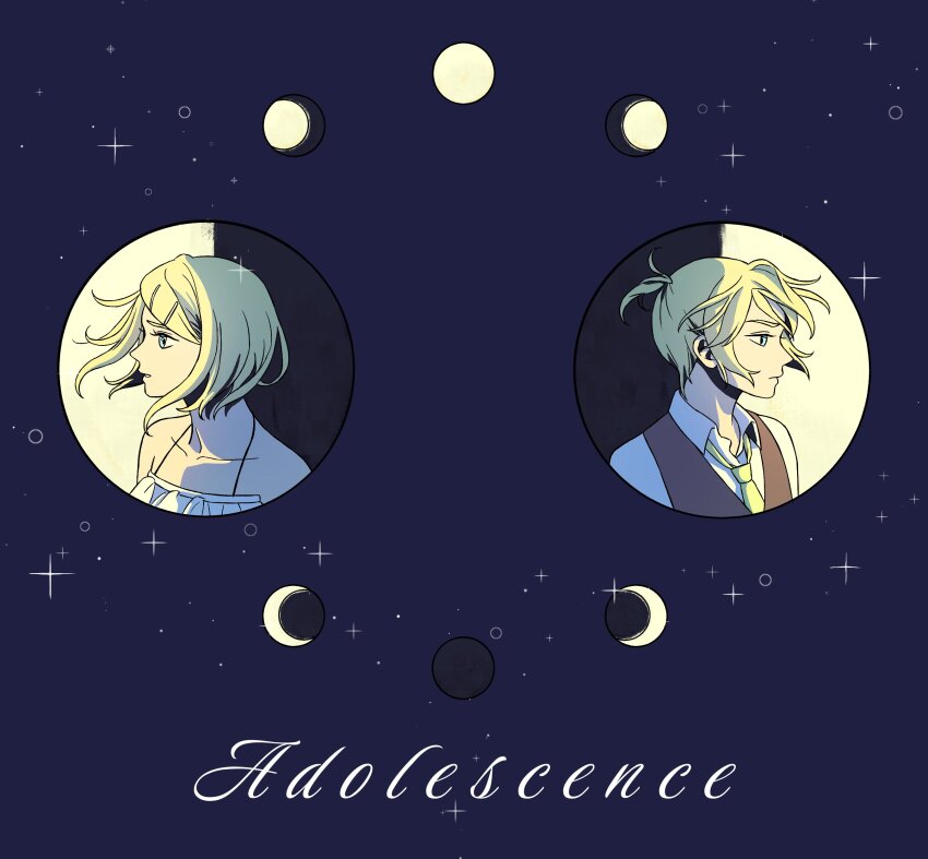absurdres adolescence_(vocaloid) kagamine_len_(adolescent_knight) kagamine_rin_(adolescent_princess) aqua_eyes back-to-back bare_shoulders blonde_hair camisole cel_shading collarbone collared_shirt crescent_moon eyelashes floating_hair frilled_camisole frills full_moon gibbous_moon half_moon highres kagamine_len kagamine_rin moon moon_phases necktie new_moon parted_lips portrait profile project_diva_(series) serious shirt short_hair shubook_vse sky sleeveless_blazer spaghetti_strap star_(sky) starry_sky swept_bangs vocaloid white_camisole white_shirt wind yellow_necktie