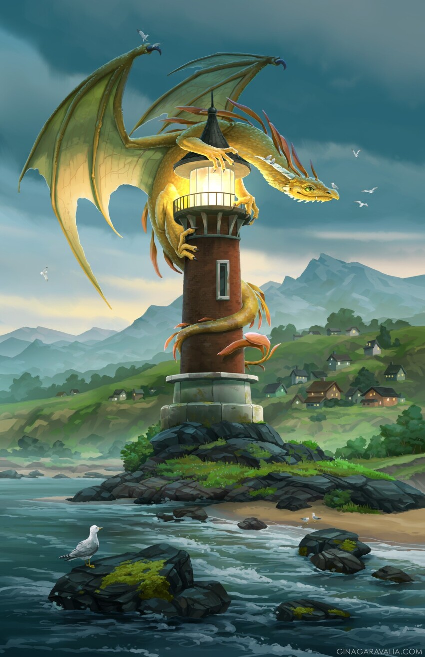 animal animal_focus animal_on_head artist_name beach bird bird_on_head black_claws blue_sky brick_wall building cloud commentary day dragon english_commentary full_body gina_garavalia grass green_eyes highres hill horns house lighthouse looking_at_animal moss mountainous_horizon no_humans ocean on_building on_head original rock sand scenery seagull shore sky tail tail_wrap tree village watermark waves web_address western_dragon white_horns wings yellow_scales