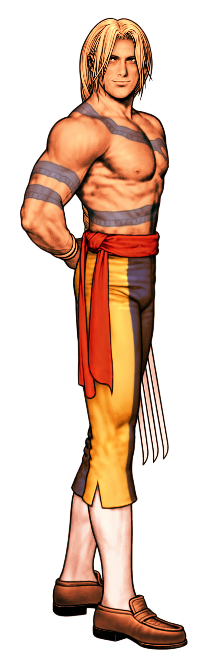 1boy absurdres arms_behind_back blonde_hair braid capcom capcom_vs_snk_2 claw_(weapon) game_cg highres holding holding_mask long_hair looking_to_the_side male_focus mask mori_toshiaki multicolored_pants muscular muscular_male non-web_source official_art pants parted_lips pectorals red_sash sash smile snake_tattoo solo street_fighter tattoo vega_(street_fighter) very_long_hair weapon white_background