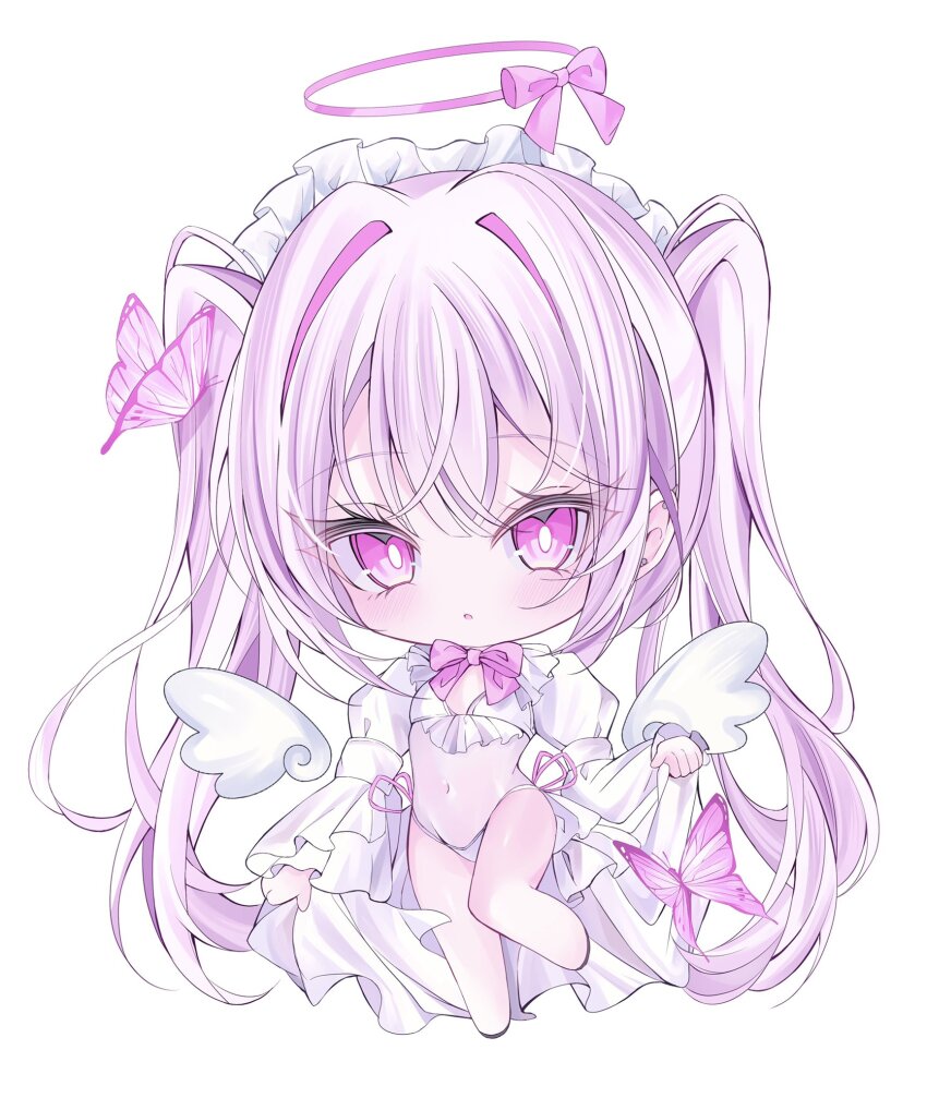 1girl bikini blush bow bowtie bug butterfly butterfly_on_hair chibi chibi_only commentary_request detached_wings frilled_hairband frills full_body hair_between_eyes hairband highres insect long_hair long_sleeves looking_at_viewer navel original parted_lips pink_bow pink_bowtie pink_butterfly pink_eyes pink_hair ririge solo standing standing_on_one_leg stomach swimsuit twintails very_long_hair white_bikini white_hairband white_wings wings