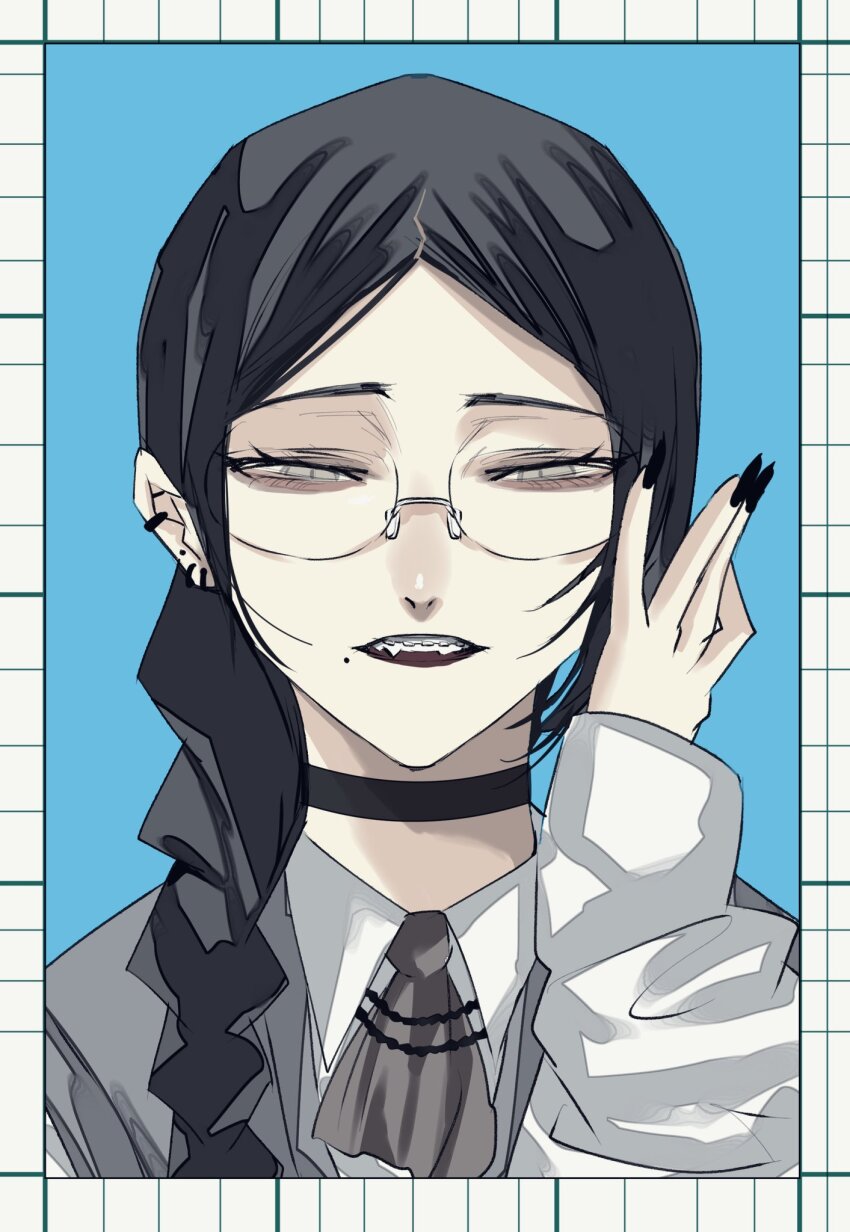 1girl ascot black_choker black_hair black_nails blue_background braces braid choker commentary_request ear_piercing earrings glasses grey_ascot grey_eyes gunjyou_(gunjyou_00) hand_up highres jewelry long_hair looking_at_viewer mole mole_under_mouth nail_polish original piercing single_braid solo upper_body