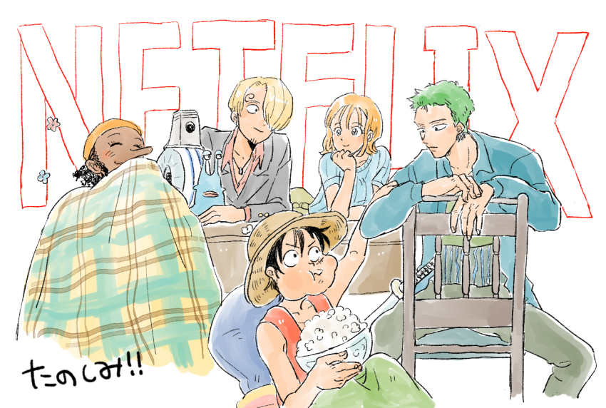 1girl 4boys black_hair blonde_hair chair curly_eyebrows dark-skinned_male dark_skin den_den_mushi earrings eating facial_scar food friends gold_earrings green_hair hair_over_one_eye hat jewelry looking_at_another monkey_d._luffy multiple_boys nami_(one_piece) nami_(one_piece)_(drum_island) netflix on_chair one_piece one_piece_(live_action) orange_hair popcorn rikichan214 roronoa_zoro sanji_(one_piece) scar scar_on_cheek scar_on_face short_sleeves snail straw_hat usopp