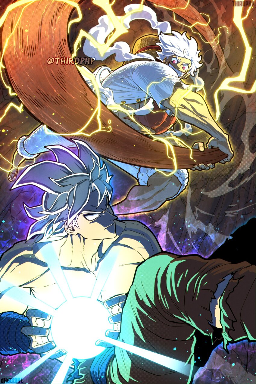 2boys absurdres alternate_form artist_name aura battle blue_sash buttons closed_mouth collarbone cross_scar curly_eyebrows deltoids dragon_ball dragon_ball_super electricity facial_scar film_grain fingernails floating fur-trimmed_shorts fur_trim gear_fifth geokinesis glowing grey_eyes grey_hair grin hagoromo hat hat_on_back highres incoming_attack jacket kamehameha_(dragon_ball) lightning looking_at_another male_focus monkey_d._luffy multiple_boys muscular muscular_male official_alternate_color one_piece open_clothes open_jacket orange_pants overexposure pants pectorals red_eyes rock saiyan sandals sash scar scar_on_cheek scar_on_chest scar_on_face shawl short_hair short_sleeves shorts small_pupils smile son_goku spiked_hair straw_hat tall_hair teeth thirdphp topless_male torn_clothes twitter_username ultra_instinct white_hair white_jacket white_shorts wristband