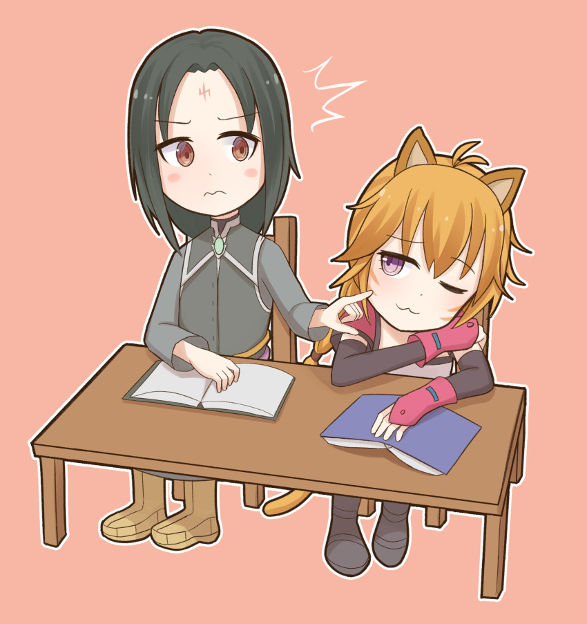 1boy 1girl animal_ears atorie blush book cat cat_ears cat_girl cat_tail cheek_poking chibi commission commissioner_upload fire_emblem fire_emblem:_path_of_radiance fire_emblem:_radiant_dawn highres long_hair lyre_(fire_emblem) nintendo non-web_source one_eye_closed open_book poking purple_eyes red_eyes simple_background sitting smirk soren_(fire_emblem) soren_(radiant_confidant)_(fire_emblem) surprised tail