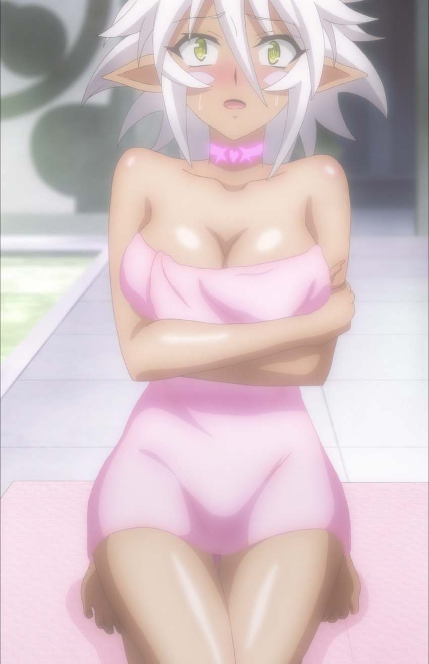 10s 1girl anime_screenshot barefoot breasts cleavage dark-skinned_female dark_skin demon_girl female_focus green_eyes highres kneeling naked_towel pointy_ears shinmai_maou_no_testament short_hair silver_hair solo towel zest