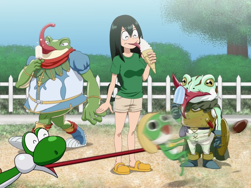 10o 10s 1990s_(style) 1girl ^_^ alien asui_tsuyu boku_no_hero_academia breath_of_fire breath_of_fire_ii chrono_(series) chrono_trigger closed_eyes creature crossover eating ekaru_hoppe_de_pe_tapeta fence food frog frog_(chrono_trigger) frog_girl hair_between_eyes huge_tongue ice_cream juu_o juuo keroro keroro_gunsou licking long_hair long_tongue mario_(series) motion_blur multiple_crossover nintendo outdoors picket_fence retro_artstyle shield shirt shorts square_enix super_mario_bros._1 sword t-shirt tongue tongue_out trait_connection tree weapon wooden_fence yoshi