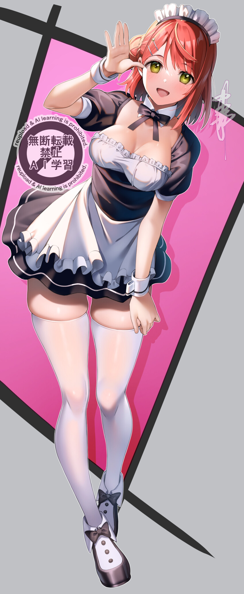 1girl absurdres alternate_costume apron arm_up black_bow black_dress black_ribbon border bow breasts cleavage commentary_request detached_collar dress drop_shadow enmaided footwear_bow frilled_apron frills full_body gradient_background grey_border highres large_breasts love_live! love_live!_nijigasaki_high_school_idol_club maid nakano_maru neck_ribbon outside_border pink_background puffy_short_sleeves puffy_sleeves ribbon shoes short_sleeves simple_background skindentation solo thighhighs uehara_ayumu waist_apron watermark white_apron white_shoes white_thighhighs zettai_ryouiki