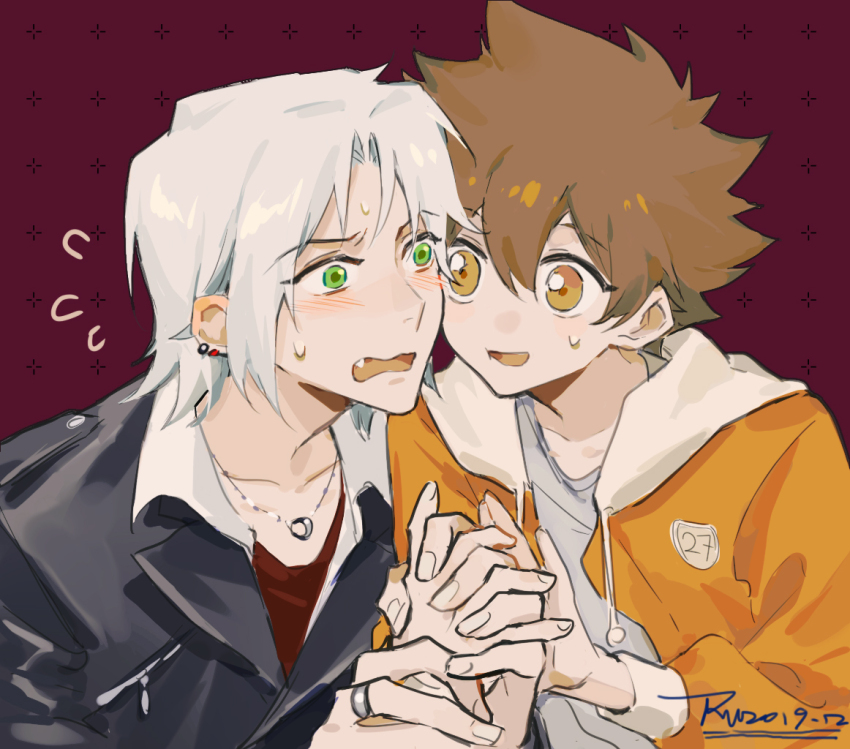 2boys artist_name black_jacket blush brown_eyes brown_hair earrings fang flying_sweatdrops gokudera_hayato green_eyes hair_between_eyes holding_hands hood hood_down hoodie interlocked_fingers jacket jewelry katekyo_hitman_reborn! long_sleeves looking_at_another male_focus multiple_boys necklace open_clothes open_jacket open_mouth orange_shirt ring ru_(famia) sawada_tsunayoshi shirt short_hair signature smile spiked_hair sweat sweatdrop upper_body white_hair white_shirt yaoi