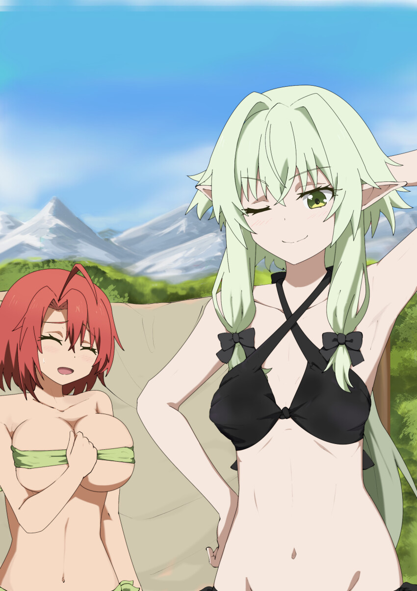 2girls ;) absurdres ahoge armpits bare_shoulders bikini black_ribbon blue_sky breasts commentary_request cosplay costume_switch cow_girl_(goblin_slayer!) cow_girl_(goblin_slayer!)_(cosplay) gobanme_no_mayoi_neko goblin_slayer! green_bikini green_hair groin hair_ribbon high_elf_archer_(goblin_slayer!) high_elf_archer_(goblin_slayer!)_(cosplay) highres large_breasts long_hair mountainous_horizon multiple_girls navel nervous_smile official_style one_eye_closed open_mouth outdoors oversized_clothes parody red_hair ribbon short_hair sky small_breasts smile stomach style_parody swimsuit undersized_clothes upper_body